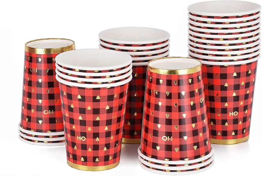 Gatherfun Christmas Cups, Red and Black Plaid Golden Christmas Tree Disposable Paper Cups for Chr... | Amazon (US)