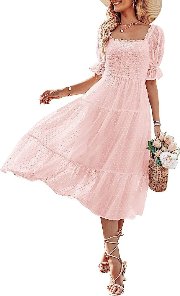 MEROKEETY Women's Summer Square Neck Puff Sleeve Boho Midi Dress Swiss Dot Ruffle Flowy Tie Back ... | Amazon (US)