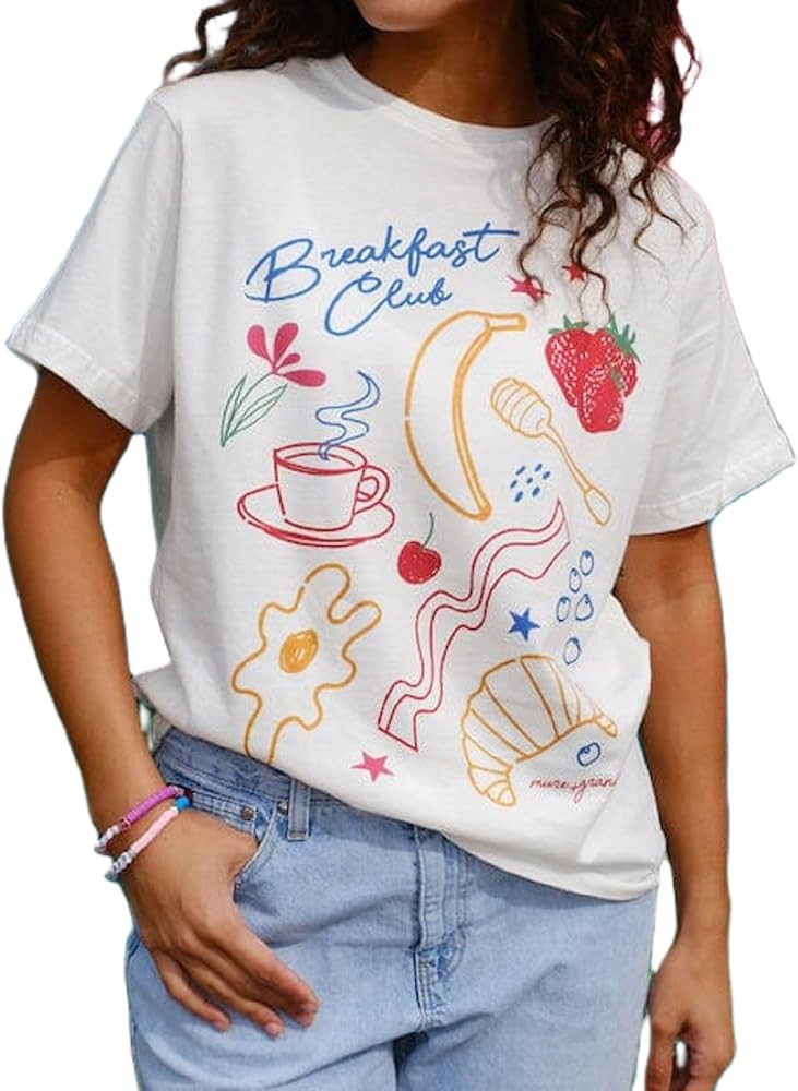 Women Graphic Oversized Tee Y2k Fruit Print Short Sleeve White Top Crewneck Cute Aesthetic Tee Sh... | Amazon (US)