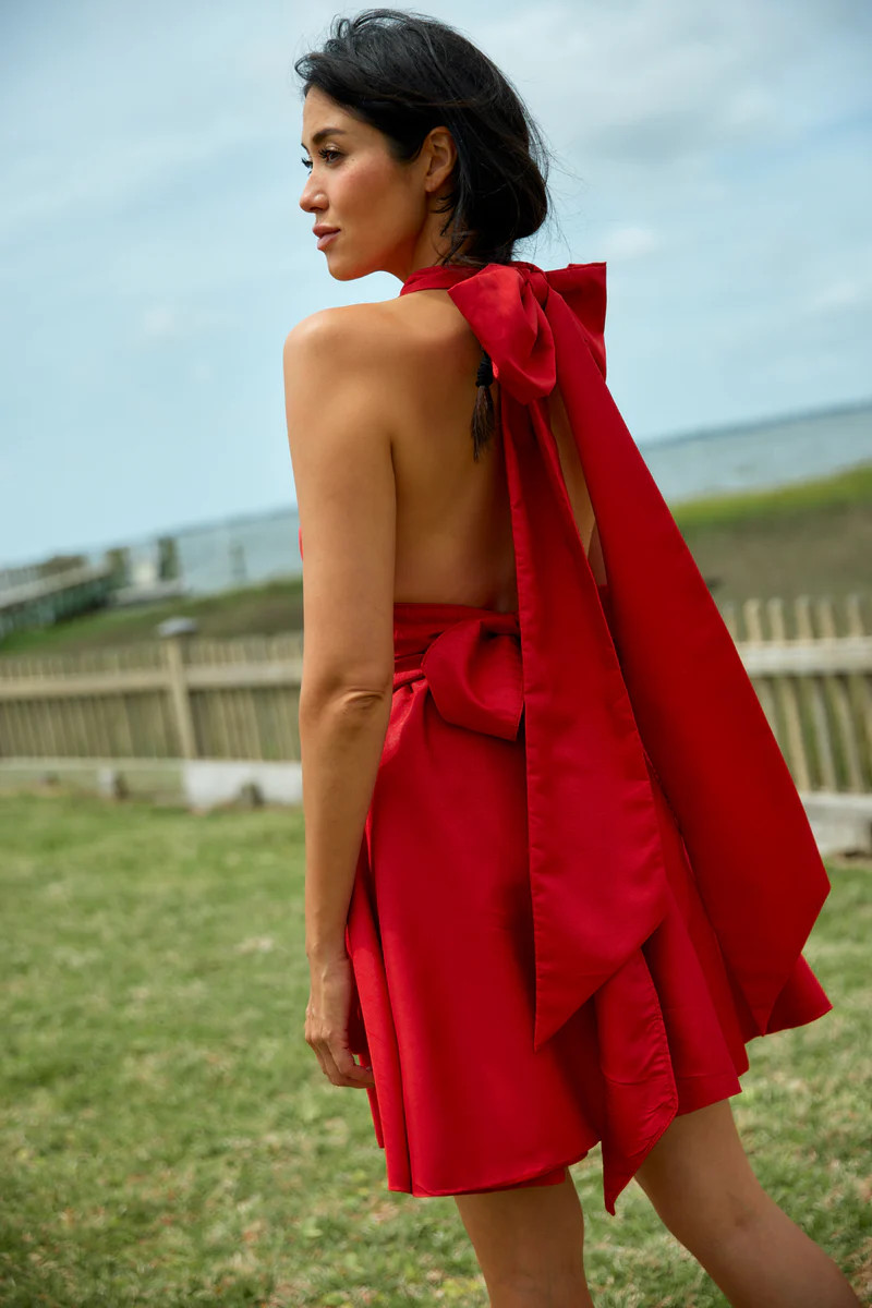 FINAL SALE Halter Sundress Mini | Red Raw Silk Taffeta | SUE SARTOR