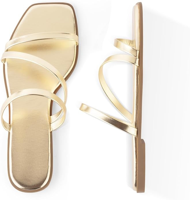 LACUONE Strappy Flat Sandals For Women Slip On Square Open Toe Slides Sandals | Amazon (US)