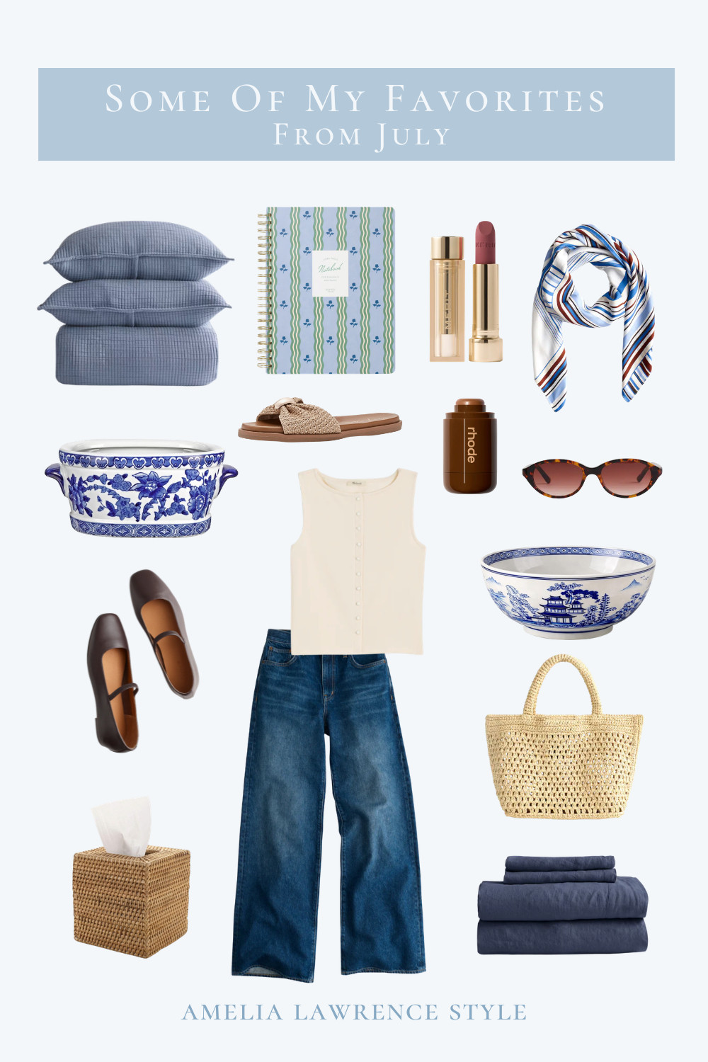 Some of my favorites from July. Bedding, blue and white dishes, scarf, lipstick, sandals, sunglasses, sheets, ballet flats, Rhode, Madewell, tank top, jeans, notebook.  

 #LTKootd #LTKSeasonal #LTKHome
