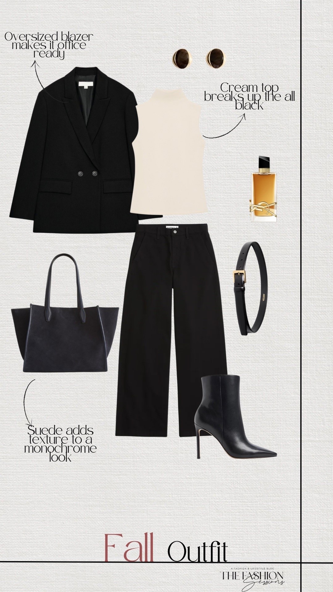 Fall outfit idea | An all black look with an oversized blazer, wide leg trousers, and sleek pointed boots. A cream top breaks up the black, and the suede tote adds texture. Gold earrings and a belt make it feel elevated. Great for work or a night out.

#LTKootd #LTKSeasonal #LTKOver40