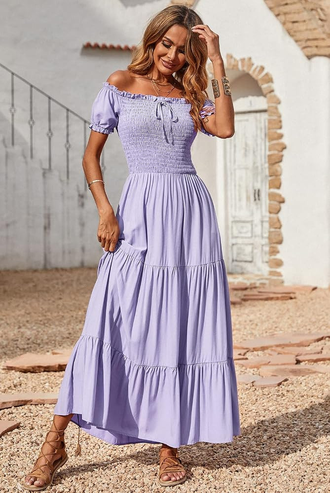 BTFBM Women Off Shoulder Summer Casual Dresses Short Sleeve Smocked High Waist Cute Swing Pleated... | Amazon (US)