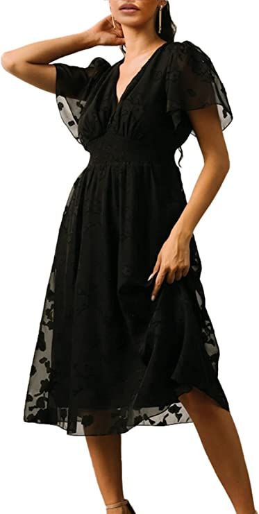 Simplee Women's Boho Floral V Neck Short Sleeve Formal Midi Ruffle Dress Long Flowy Bridesmaid We... | Amazon (US)
