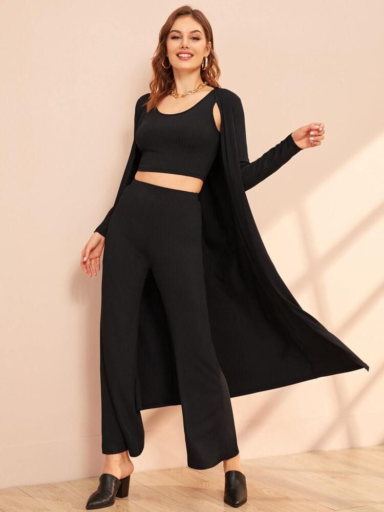 Rib-knit Tank Top and Flare Leg Pants Set With Coat | SHEIN