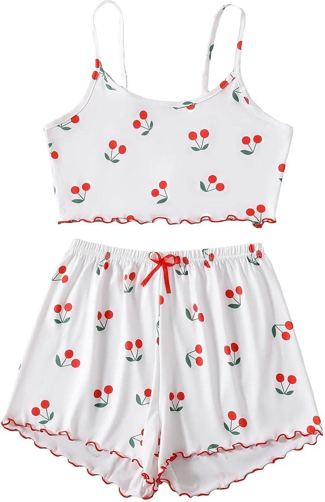 OYOANGLE Women's 2 Piece Outfit Cherry Print Lace Sleeveless Bow PJ Cute Loungewear Lounge Shorts... | Amazon (US)