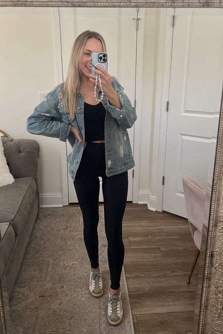 Outfit of the day, casual outfit, spanx faux leather leggings, golden goose sneakers, black crop top, oversized denim jacket 

#LTKunder100 #LTKshoecrush #LTKSeasonal