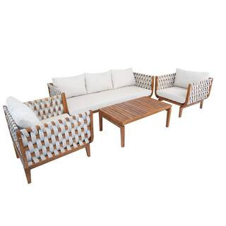 Morvex 4-Piece Wood Outdoor Patio Conversation Sofa Set with Beige Cushions and Coffee Table, Teak+Beige Woven Rope | The Home Depot