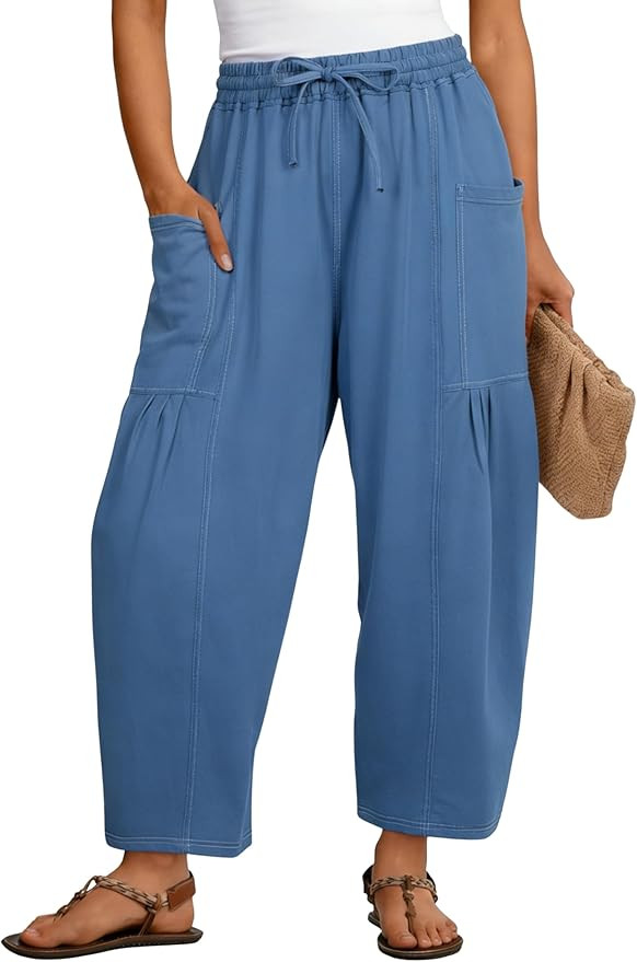 Gozoloma Women's Cotton Wide Leg Pants Baggy Palazzo Trousers Elastic Waist Contrast Stitch with ... | Amazon (US)