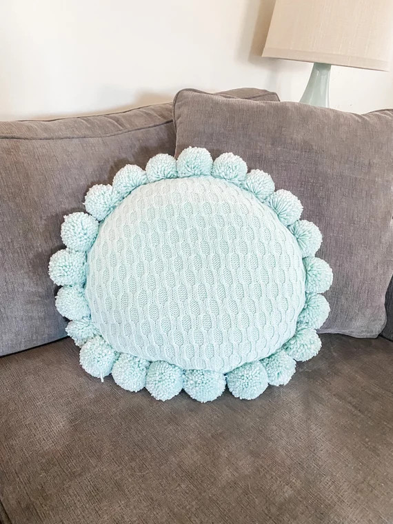 Round Decorative Throw Pillow With Pom Poms Handmade Blue | Etsy | Etsy (US)
