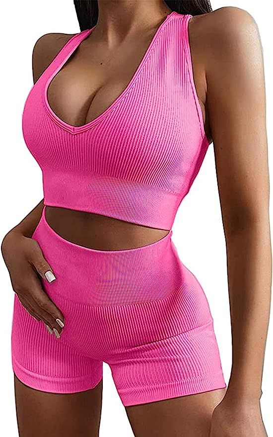 Micoson Womens Seamless Workout Sets Two Piece Exercise Outfits Ribbed Racerback Activewear Sets | Amazon (US)