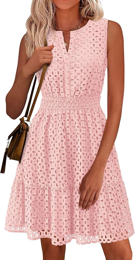 PRETTYGARDEN Women's Summer Dresses 2026 Sleeveless V Neck Eyelet Hollow Out Swing A Line Beach V... | Amazon (US)