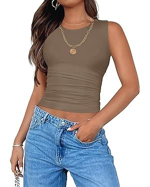 ZESICA Womens Summer Tank Tops 2024 Sleeveless Crewneck Knit Slim Fitted Side Ruched Casual Basic... | Amazon (US)