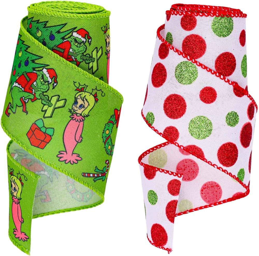 Whaline 12 Yards Christmas Wired Edge Ribbon Xmas Funny Cartoon Character Craft Ribbon Red Green ... | Amazon (US)