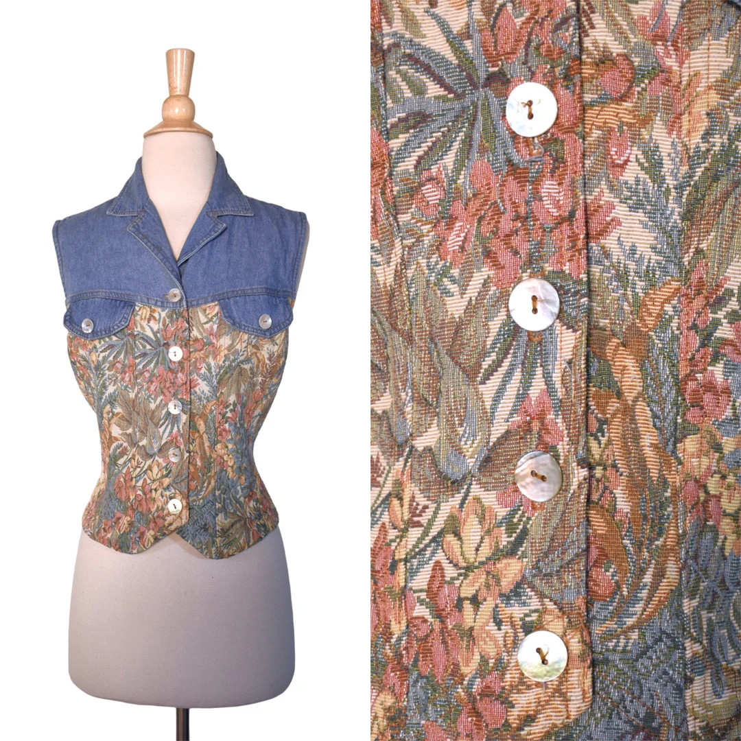 Vintage 80s Vest Nina Piccalino Shabby Cottagecore Denim Floral Brocade Tapestry Button Front Tie... | Etsy (US)
