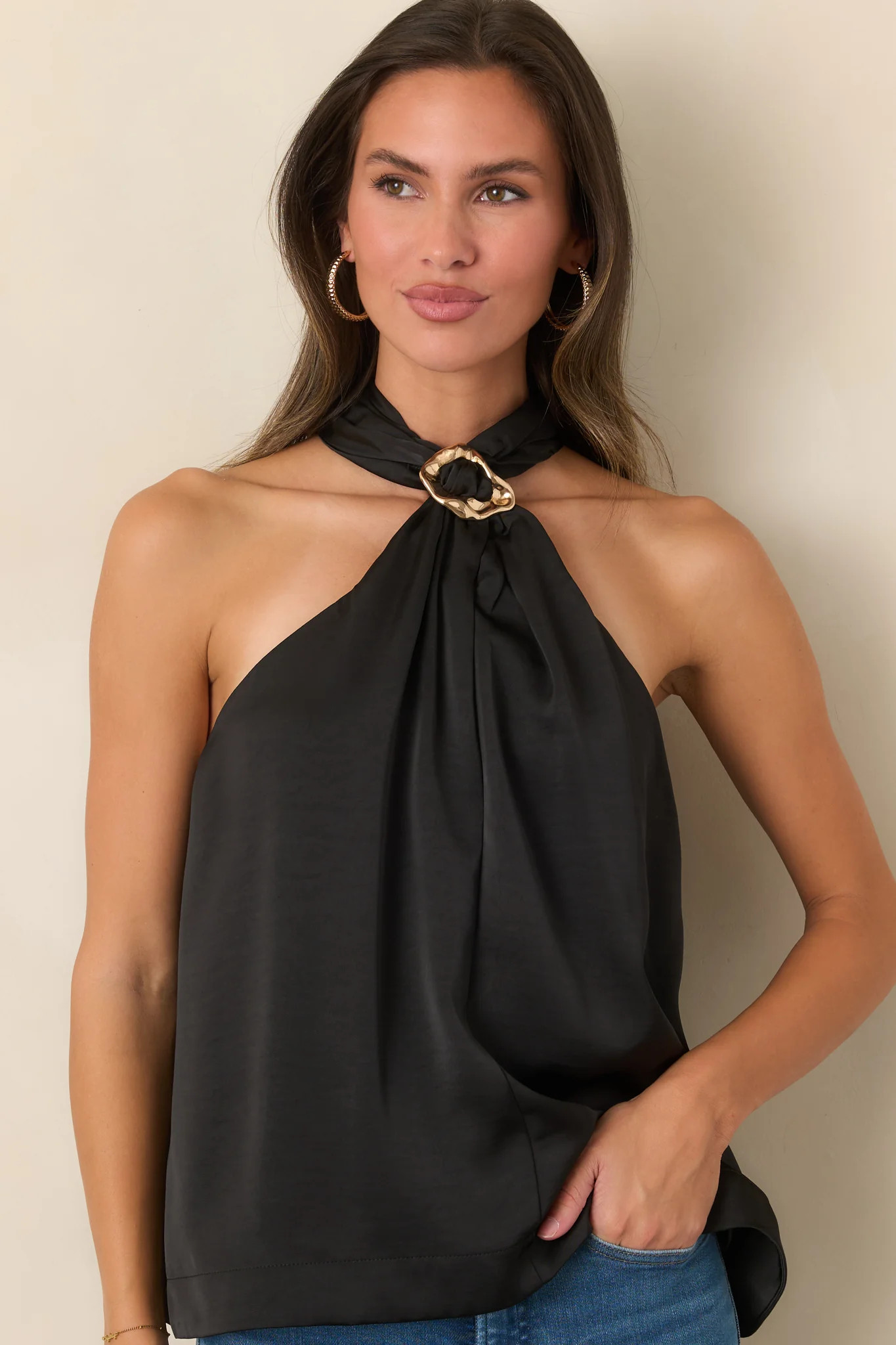 Draped In Myth Black Halter Ring Detail Blouse | Red Dress