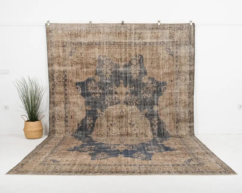 9x13 Wool Rug - Blue, Beige - Vintage, Turkish, Oushak - Rug for Living Room, Bedroom - Natural F... | Etsy (US)