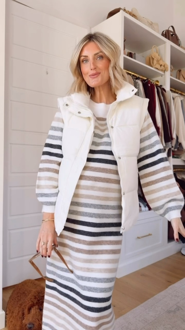This striped sweater dress is on major sale! 👏🏼 Towards the end of my pregnancy, I was living in sweater dresses! This one is super comfortable, and it comes with a tie to add around the waist! Wearing XS!

Loverly Grey, sweater dress, maternity, puffer vest, winter outfit 

#LTKSeasonal