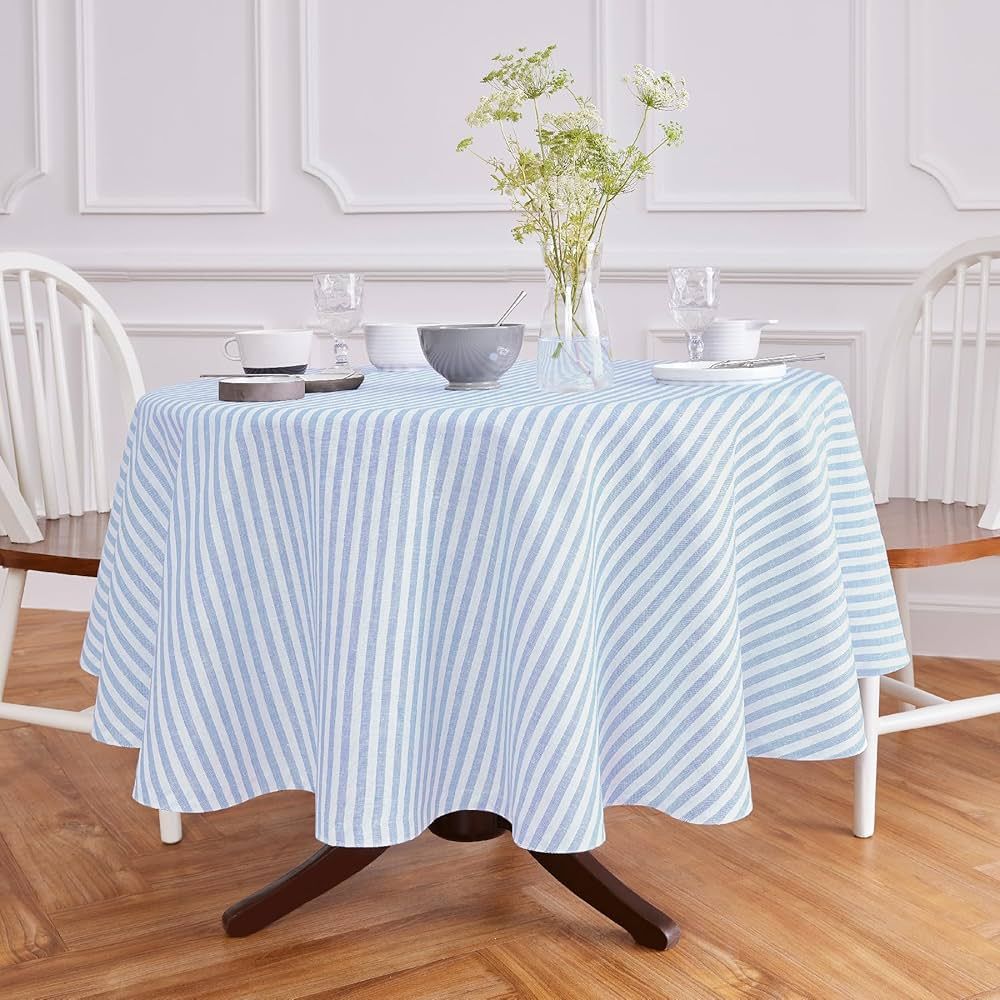 Solino Home Stripe Linen Round Tablecloth 70 Inch Diameter – 100% Pure Linen Sky Blue and White... | Amazon (US)