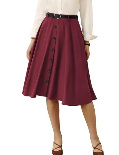 Belle Poque High Waisted Swing Skirt Pleated Midi Skirts A Line Skirts for Women Midi Length (Wine, M) | Amazon (US)