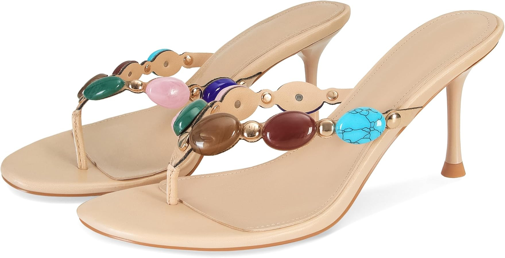 Wnshonzy Women's Heeled Sandals Thong Jewelled Black Flip-Flop Kitten Heels Dressy Strappy Summer... | Amazon (US)