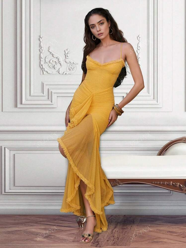 Spaghetti Strap Lace Trim Ruffle Asymmetrical Hem Cocktail Dress, Party Dress, Wedding Guest Dress, Formal Dress, Evening Dress,Gown | SHEIN