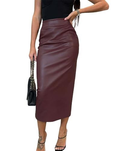utcoco Womens Long Faux Leather Skirt Bodycon High Waist Slim Pencil Midi Skirt (Small, Wine Red) | Amazon (US)