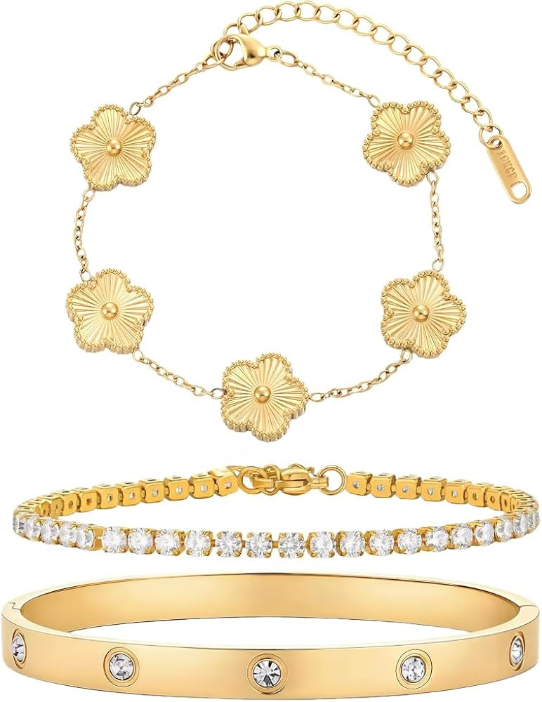Gold Bracelet Stack,18K Gold Plated Clover Bracelet Love Gold Bangles Tennis Bracelet,3Pcs Gold B... | Amazon (US)