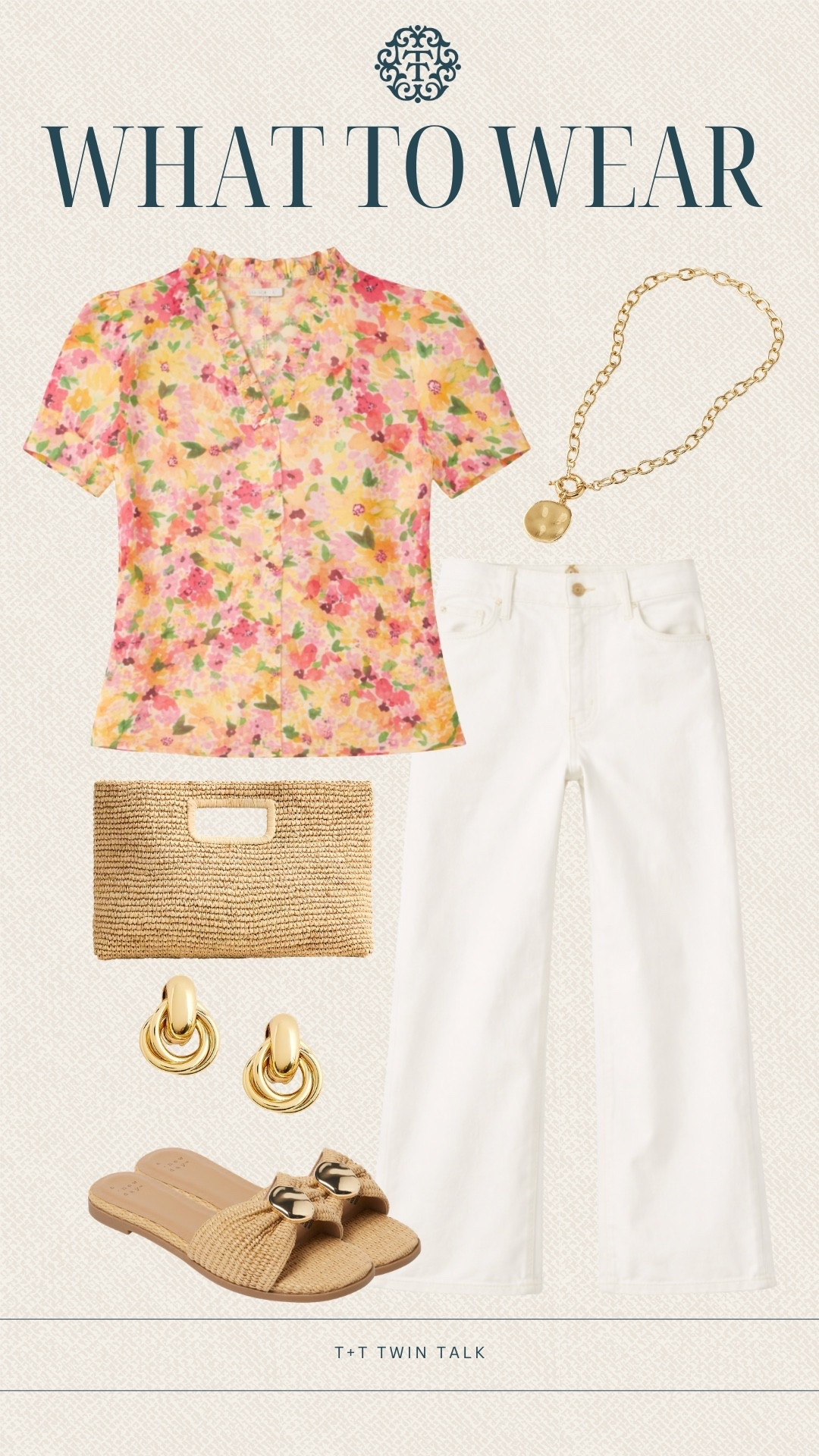 T+T, what to wear! This floral top and white pants paired with gold jewelry feels fresh. Perfect for brunch, a lunch date, or a day out shopping.

#LTKOver40 #LTKMidsize #LTKSeasonal