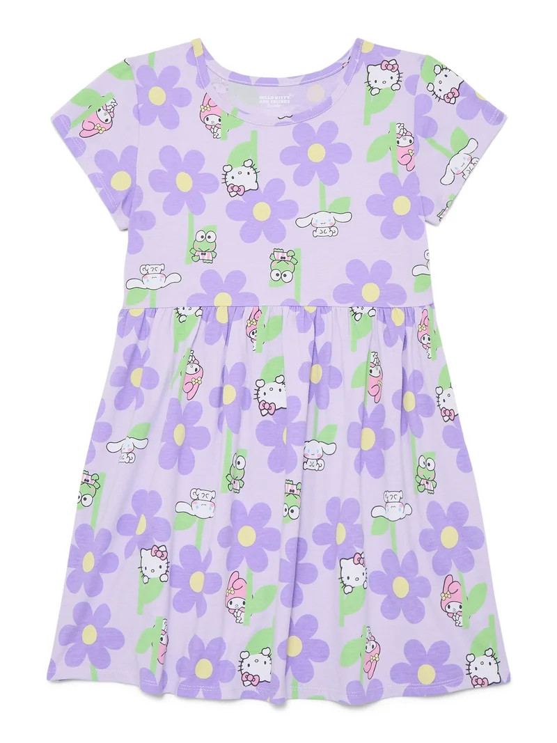 Hello Kitty Girls' Allover Print Dress with Short Sleeves, Sizes 4-12 | Walmart (US)