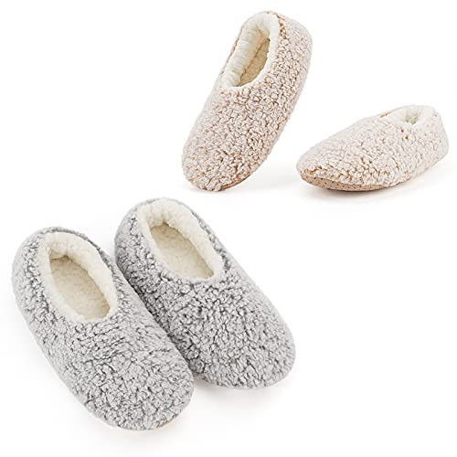 Cozylook 2-pair Women's Soft Sole Slipper Socks with Grippers, Thick Warm Cozy Sherpa Lined Home Socks Set, Cable Knitted Non-slip Fluffy Winter House Bedroom Slippers GRAY+TAUPE M 7-8 | Amazon (US)