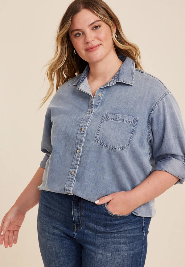 Plus Size Denim Medium Wash Button Up Shirt | Maurices