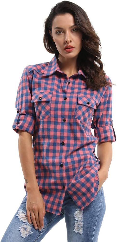 OCHENTA Women's Long Sleeve Button Down Plaid Flannel Shirt Casual Tops M043 Pink Blue M at Amazo... | Amazon (US)