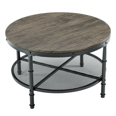 VINGLI 31.5 Round Wood Coffee Table 2-Tier Wooden Farmhouse Circular Coffee Table with Storage Indus | Walmart (US)