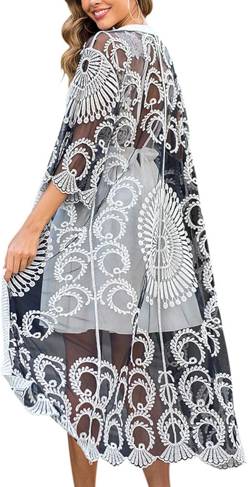 Romanstii Women's Lace Cardigan Floral Crochet Sheer Beach Cover Ups Long Kimono | Amazon (US)