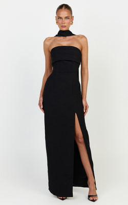 Marcelline Maxi Dress - Strapless Split Leg Fitted Dress With Neck Scarf in Black | Showpo (US, UK & Europe)