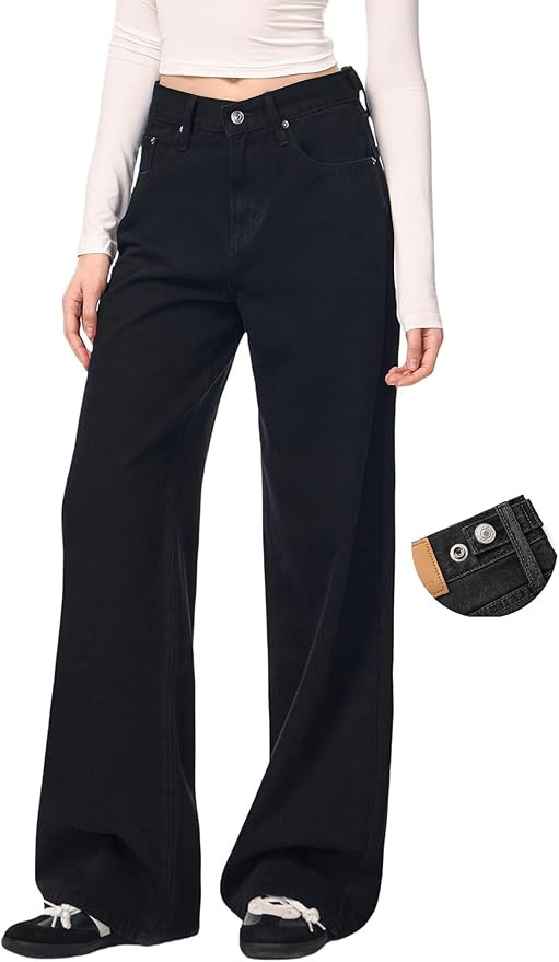 Women's Adjustable Wasit Baggy Jeans with Snap-Button Waistband Wide Straight Leg High Rise Jeans... | Amazon (US)