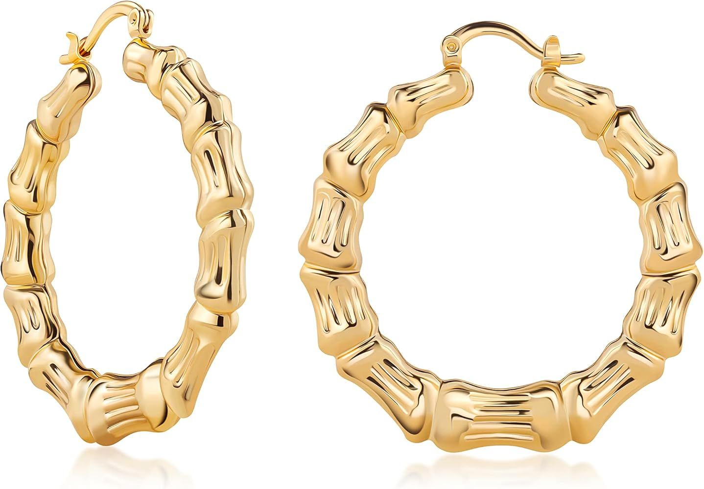 Barzel 18k Gold Plated Bamboo Hoop Earrings for Women, 40MM X 40MM - Made In Brazil | Amazon (US)