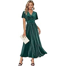 Simplee Women’s V Neck Velvet Maxi Dress Short Sleeve Empire Waist Long Formal Dress for Weddin... | Amazon (US)