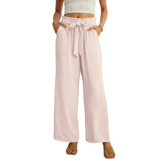 JWD Women's Wide Leg Pants with Pockets High Waist Adjustable Knot Loose Casual Trousers Business... | Walmart (US)