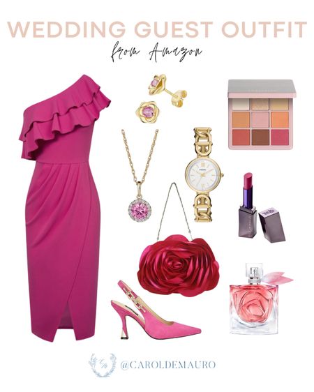 Embrace the brightness of summer in your wardrobe with this raspberry pink one shoulder ruffle dress! Pair it with a pink pointed toe stilleto pump and an elegant rose evening bag! A great idea for a wedding guest outfit!
#formalwear #outfitidea #capsulewardrobe #summerfashion

#LTKHome #LTKShoeCrush #LTKStyleTip