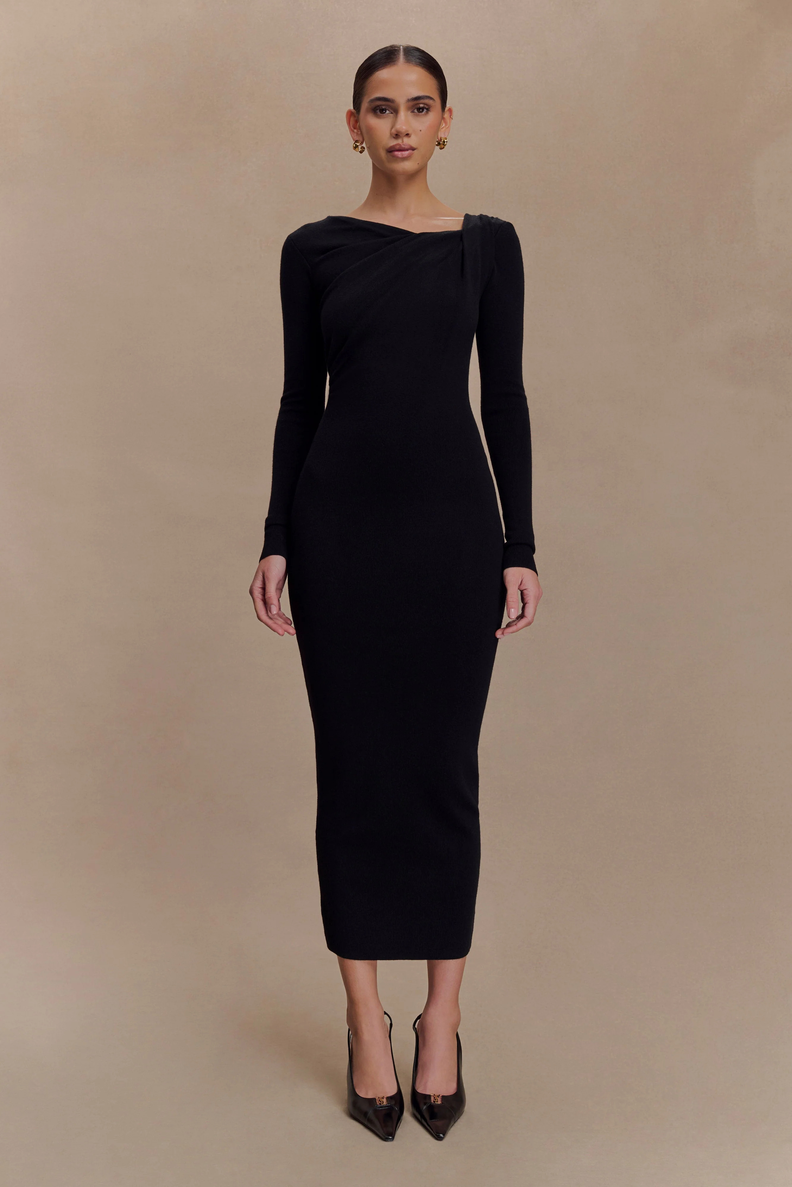 Culver Draped Twist Knit Midi Dress - Black | MESHKI US