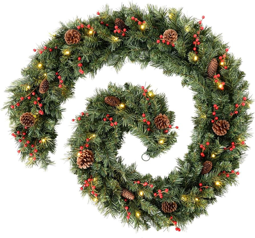 WeRChristmas Extra Thick Pre-Lit Mixed Pine Garland with Cones and Berries with 80-LED, Green, 9 ... | Amazon (UK)