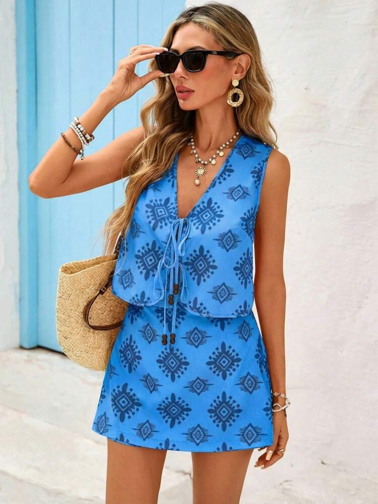 Vivid Eden Women's Navy Blue Floral Summer Boho Holiday Vacation Front Tie Camisole & Shorts 2 Pi... | SHEIN