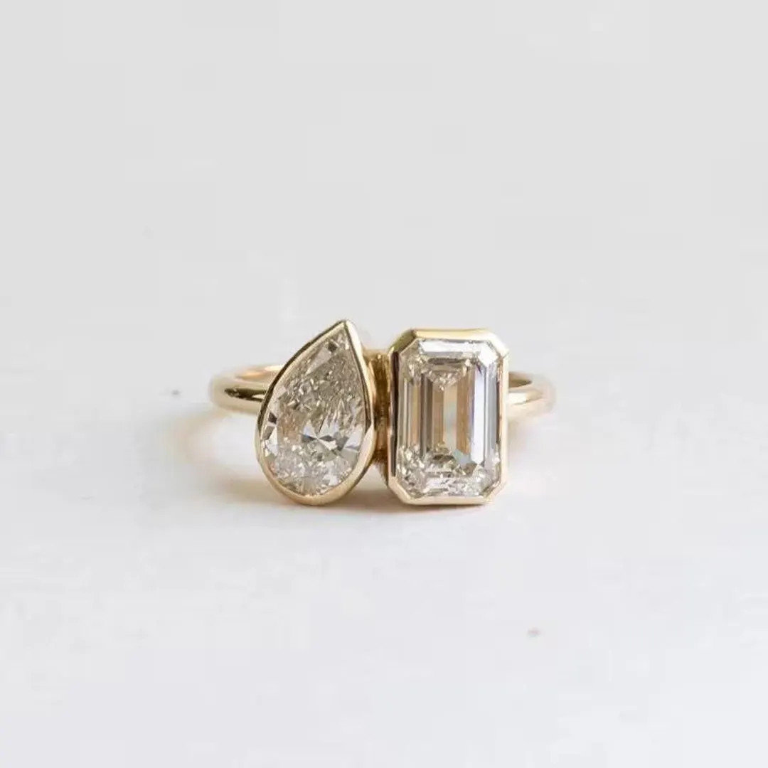 14K Solid Gold Pear Cut & Emerald Cut Moissanite Engagement Ring, Toi et Moi Bezel Promise Ring, ... | Etsy (US)