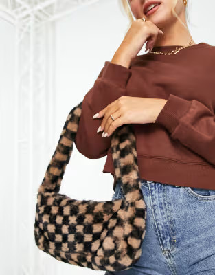 ASOS DESIGN 90s shoulder bag with checkerboard faux fur in brown | ASOS (Global)