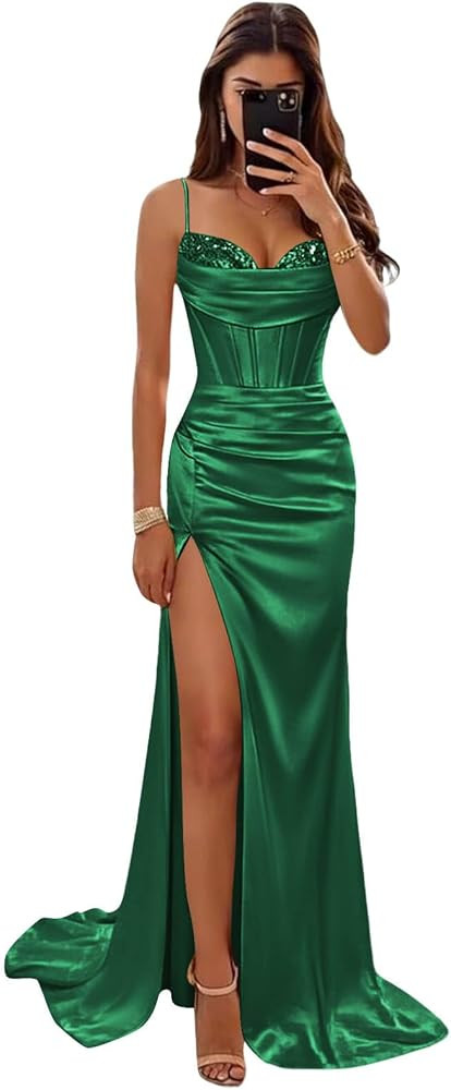 Satin Prom Dresses for Women with Slit Pleated Sequin Spaghetti Straps Mermaid Long Formal Evenin... | Amazon (US)