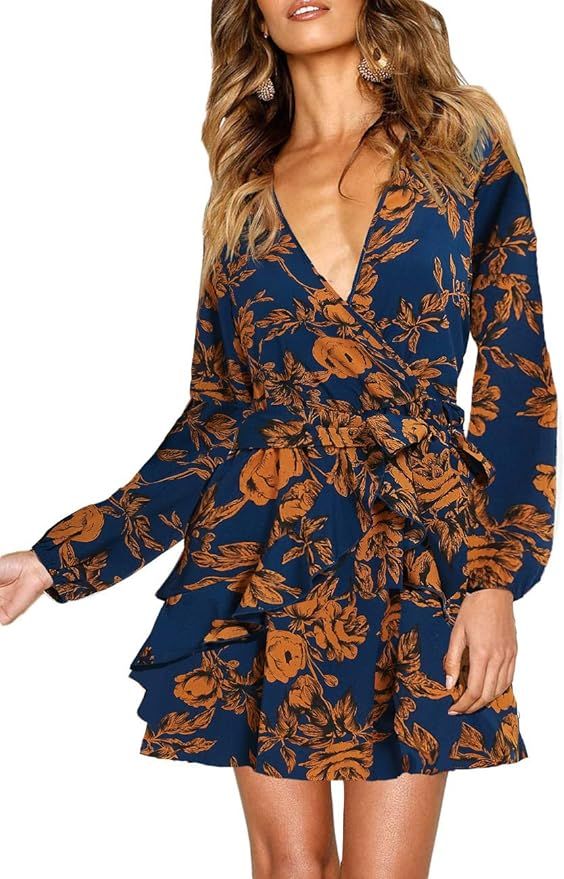 UGUEST Women Long Sleeve V Neck Dress, Floral Mini Cocktail Party Wedding Guest Dress with Belt | Amazon (US)