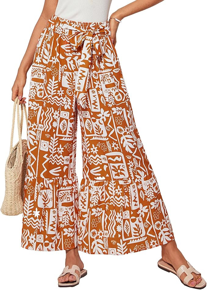 GRACE KARIN Women's 2025 Summer Wide Leg Palazzo Pants Elastic High Waisted Boho Casual Flowy Bea... | Amazon (US)